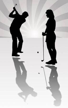 Silhouette of a golfer in full useの写真素材