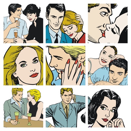Collection of illustrations showing couples in loveの写真素材