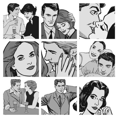 Collection of illustrations showing couples in loveの写真素材