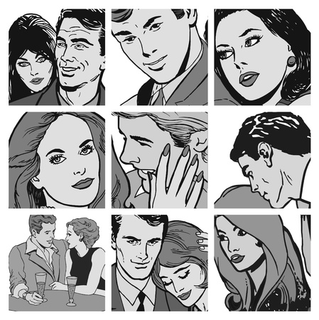 Collection of illustrations showing couples in loveの写真素材