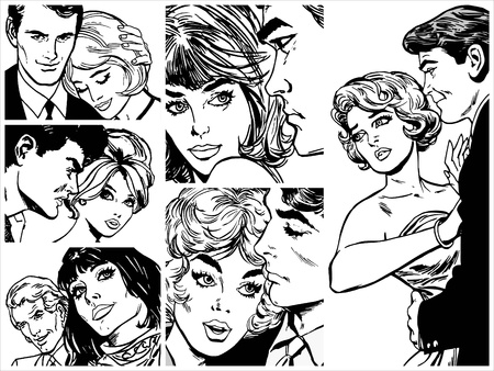 Collection of illustrations showing couples in loveの写真素材
