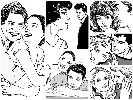 Collection of illustrations showing couples in loveの写真素材