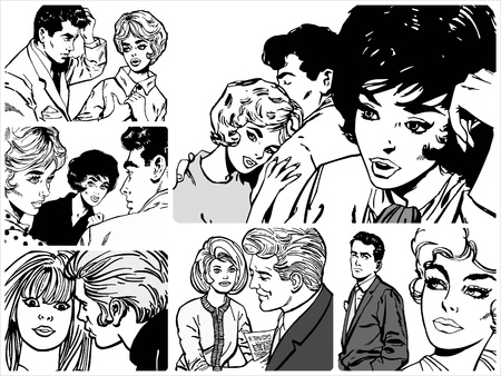 Collection of illustrations showing couples in loveの写真素材