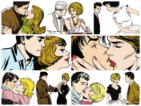 Collection of illustrations showing couples in loveの写真素材