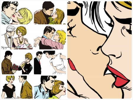 Collection of illustrations showing couples in loveの写真素材