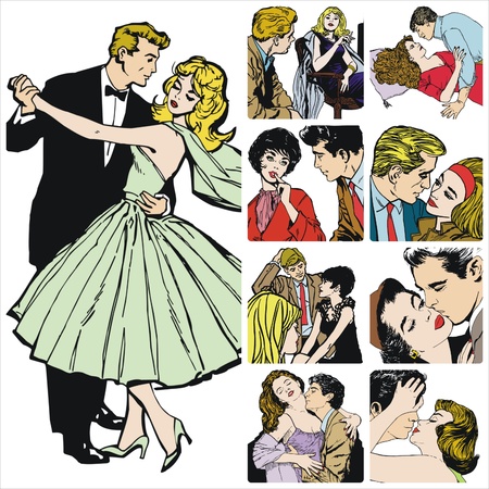 Collection of illustrations showing couples in loveの写真素材