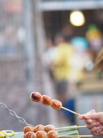 Artificial sausage Thai sausage casing cooking twine made from minced pork and rice take to grill put on green banana leavesの写真素材