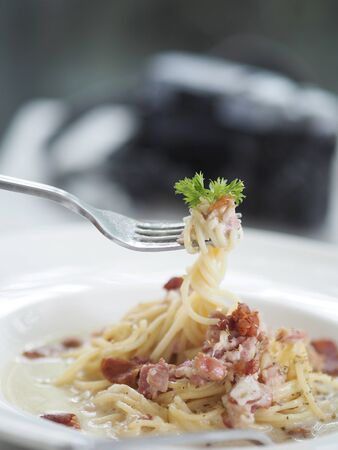 Spaghetti Carbonara fork spool Pull up on white plate foodの写真素材