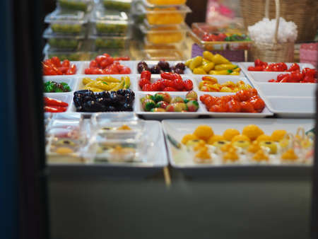 Deletable Imitation Fruits, Kanom Look Choup ,Thai desserts and snacks Canape, sweet bean foodの写真素材