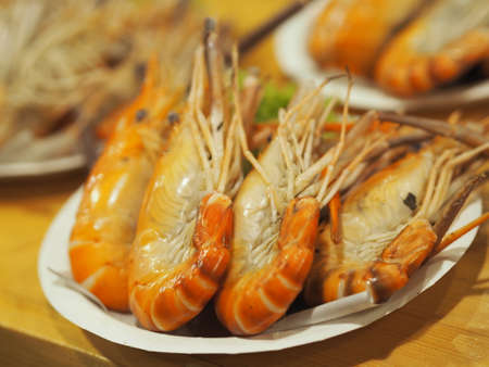 Big Steamed shrimp in white plate, seafood Thaiの写真素材