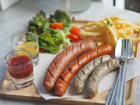 Various flavors of pork sausages on wooden tray with Mayonnaise and Tomato sauce in clear glass, food