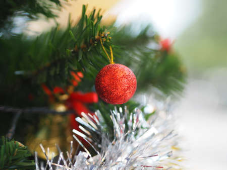 Decorated Christmas green tree decorations have Gift box gold red ball hanging pine, leaves on...