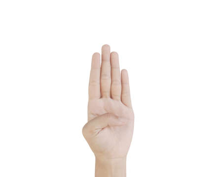Close up Asian female15-20 age hand show Number four finger, sign arm and hand isolated on a white...