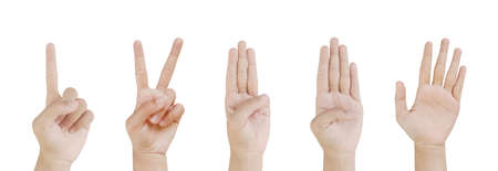Close up Asian female15-20 age hand show Number one two three four Five finger, sign arm and hand...