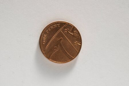 One penny coin isolated on white backgroundの写真素材