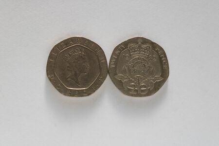 A portrait of a used twenty pence piec