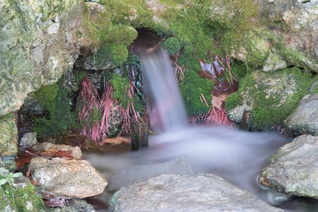spring of natural water with moss bottom and water with silk effectの写真素材