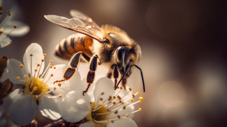 Bee collecting pollen from a blooming tree in spring. Macro.の素材