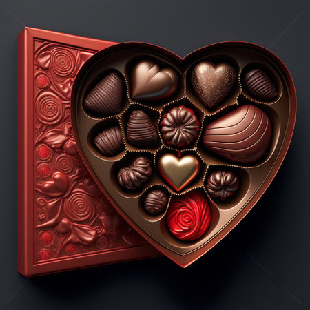 Box of chocolates in the shape of heart on dark backgroundの素材