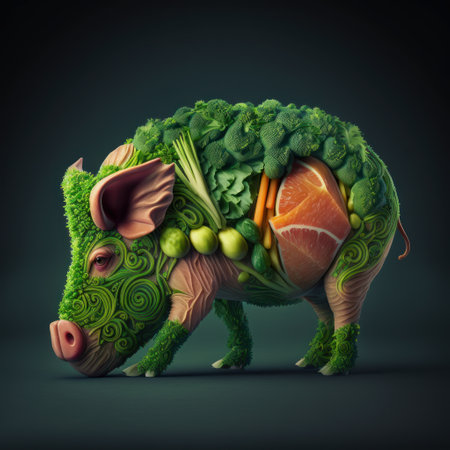 Funny animal made of vegetables and meat on a dark background.の素材