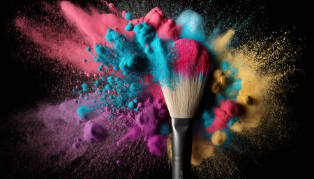 Makeup brush with colorful powder explosion on black background, close upの素材
