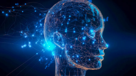3D rendering of a female head with a network of connections on a dark backgroundの素材