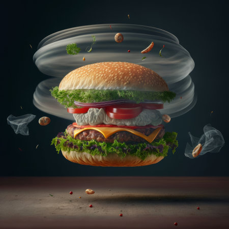 Flying hamburger with flying ingredients on dark background. 3d renderingの素材