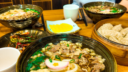 noodle soup with pork and eggの写真素材