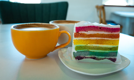 Fresh baked homemade Rainbow cake with coffee on table.の写真素材