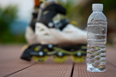 A bottle of clean water and a roller skates. After exercise on a summer evening.