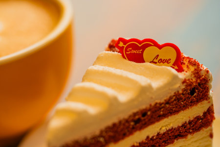 Homemade cake Red Velvet decorated with cream and cup of coffee