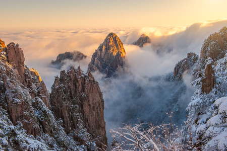Beautiful view of Huangshan mountain at the first snow