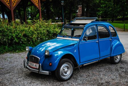 Old blue classic car parkingのeditorial素材