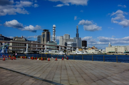 landscape view of kobe city, japan shot from kobe port public space with clear blue sky in backgroundのeditorial素材