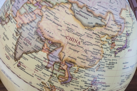 map of china with city detailed on desktop globeの写真素材