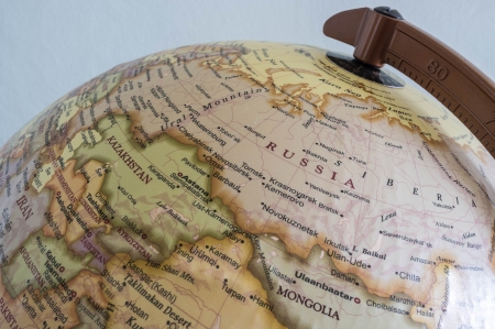 map of russia and other country that used to called soviet union, on desktop globe with scaleの写真素材