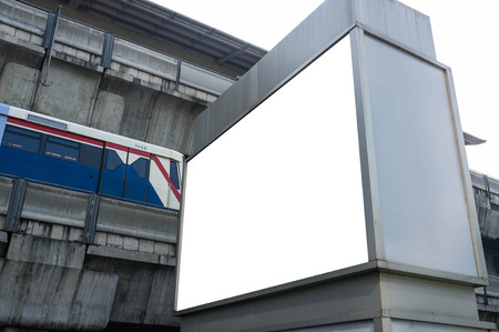 blank information sign in bangkok city with sky train in backgroundのeditorial素材