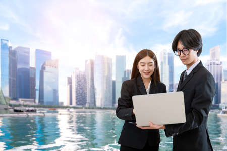 Consultation of Business man and business woman consider business plan