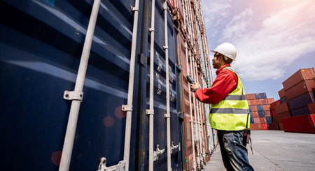 Foreman control loading Containers box from Cargo freight ship for importの写真素材