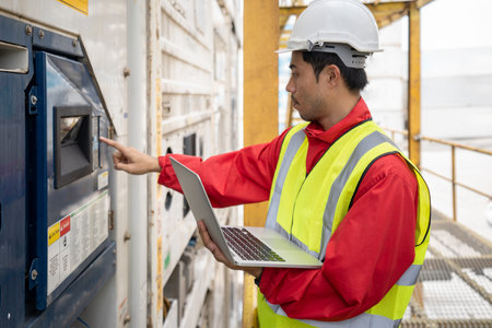 Inspector Engineer used laptop and monitoring the temperature of container box.の写真素材