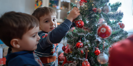 Children are joyfully decorating a Christmas tree together inside a cozy home, preparing for the upcoming holiday season.の素材