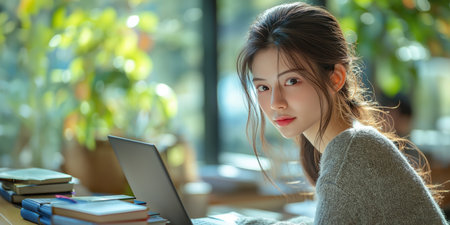 A beautiful female student is using a networked laptop to research information within the college.の素材