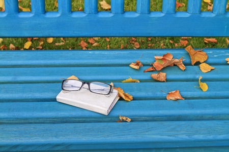 autumn still life with glasses and Notebook, nostalgic mood notes,の写真素材