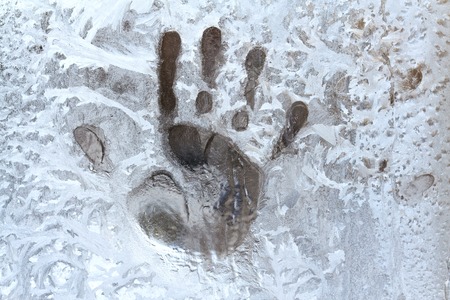 trace of palms on a frozen window,frost, cold, winter is near, cooling, beautyの写真素材