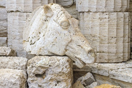 horse's head made of granite and ancient Greek columns,Trojan horse, sculpture, Greeks