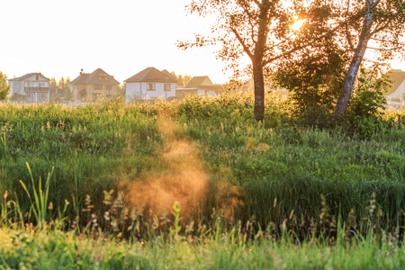 Cottages near the river at sunrise in fog,architecture, green area, beautiful lightの写真素材
