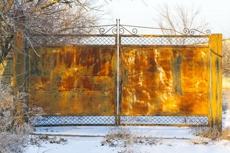 rusty gate in the winter landscapeの写真素材