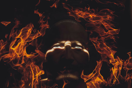 mans face in the dark on fireの写真素材