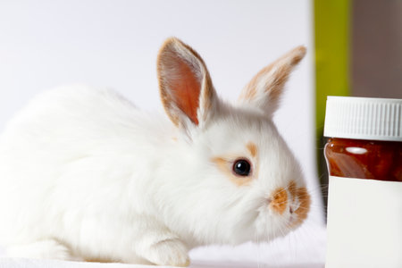 cute rabbit near the jarの写真素材
