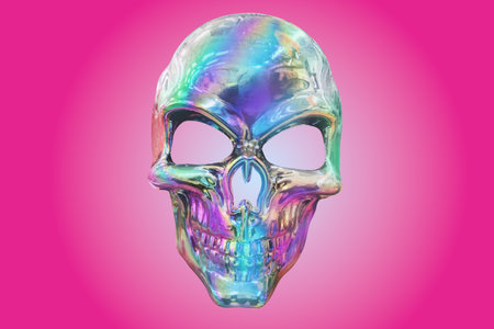 skull in petrol acid colors isolated on pinkの写真素材